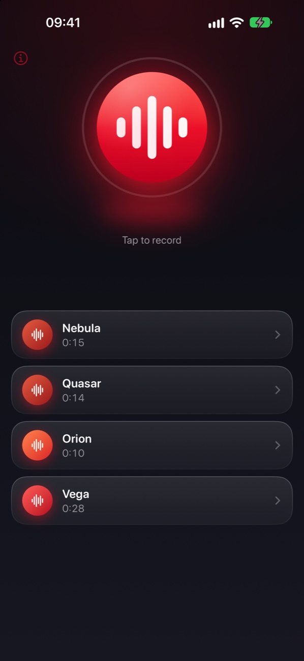 The home screen with the record button and a list of recordings