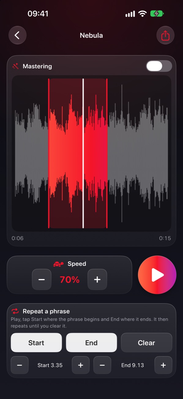 The practice screen with a marked loop and the speed at 70 percent
