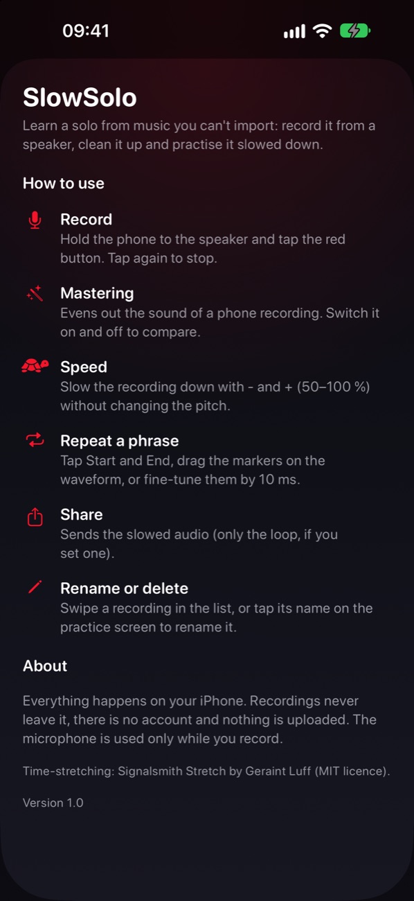 The info screen explaining how to use the app